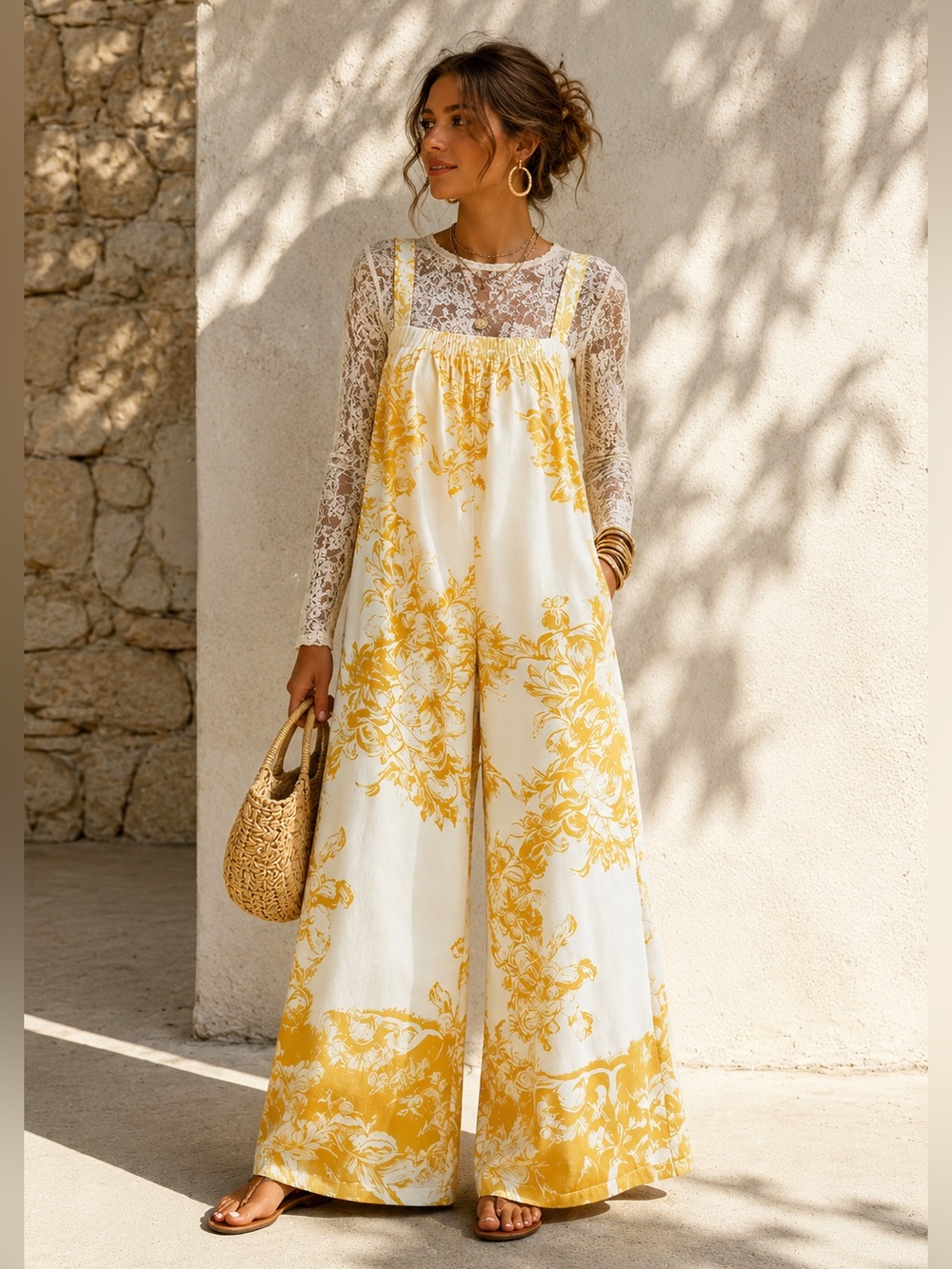 White & Yellow Floral Wide-Leg Adjustable Jumpsuit